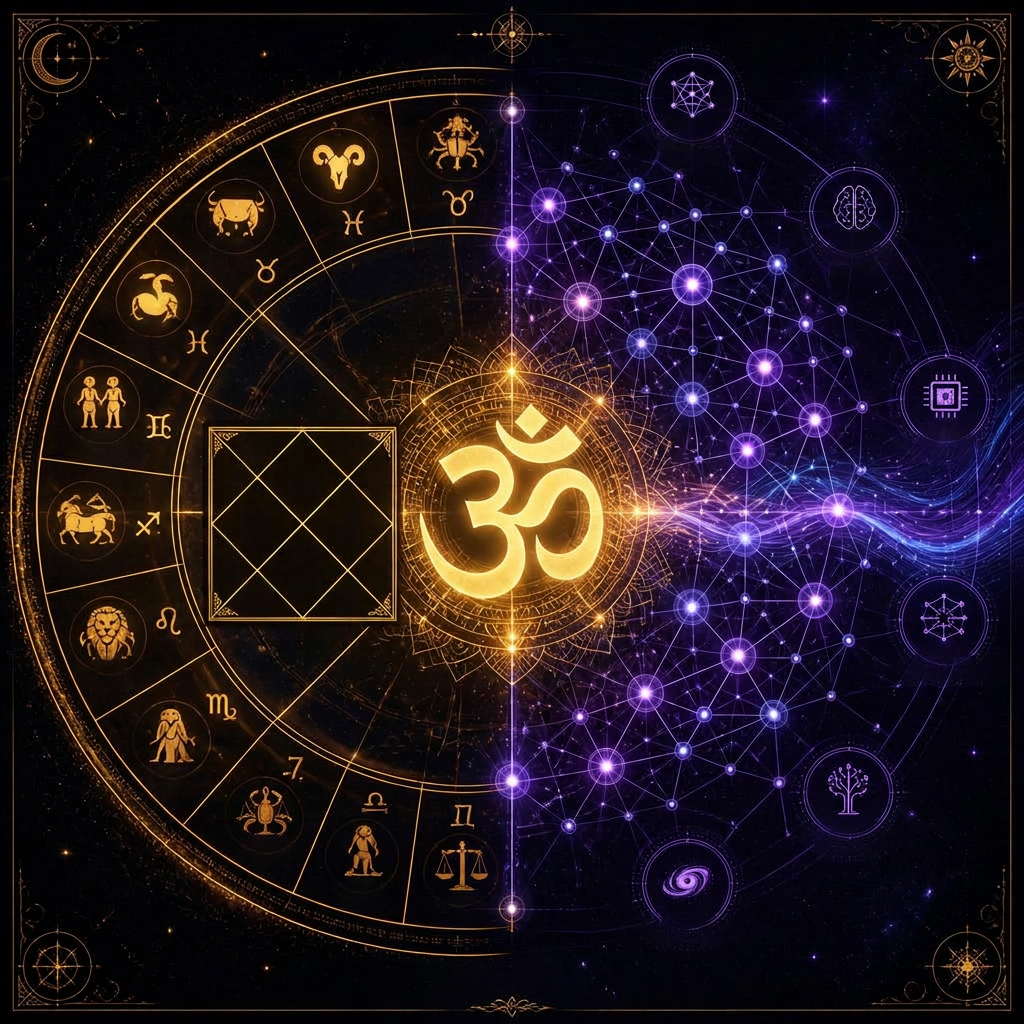 Vedic rashi chart flowing through Om into an AI neural network